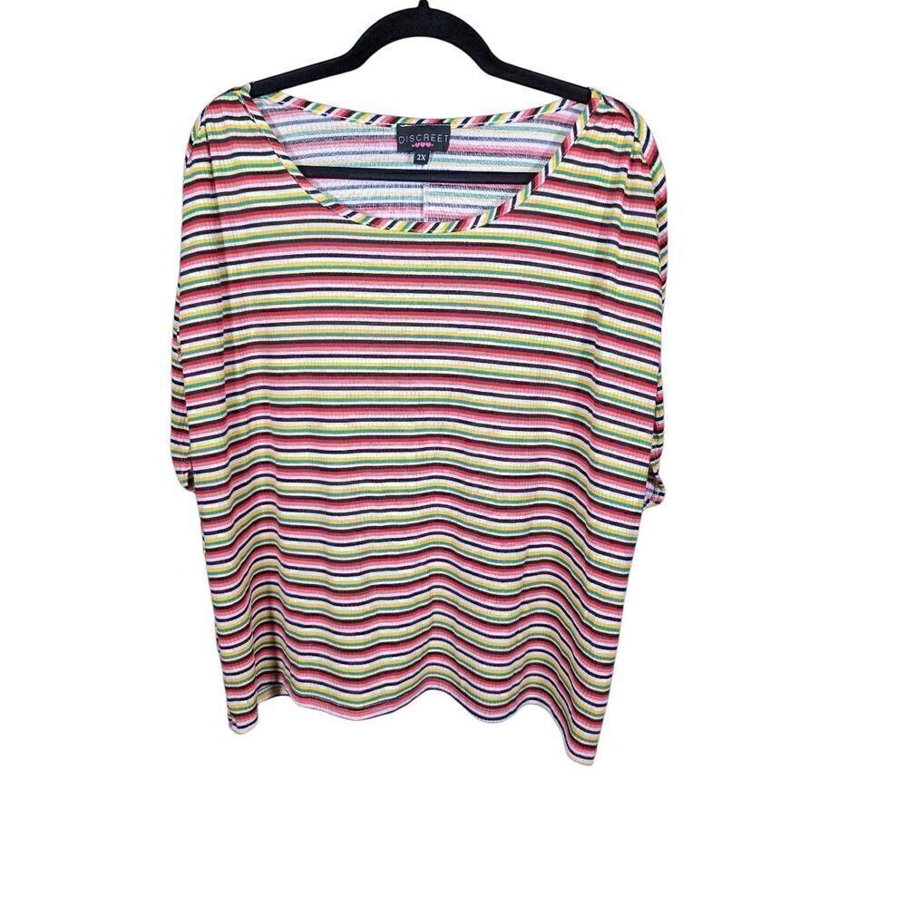 Discreet Junior Plus Discreet Short Sleeve Cap Sleeve Top Multi Striped Size 2X